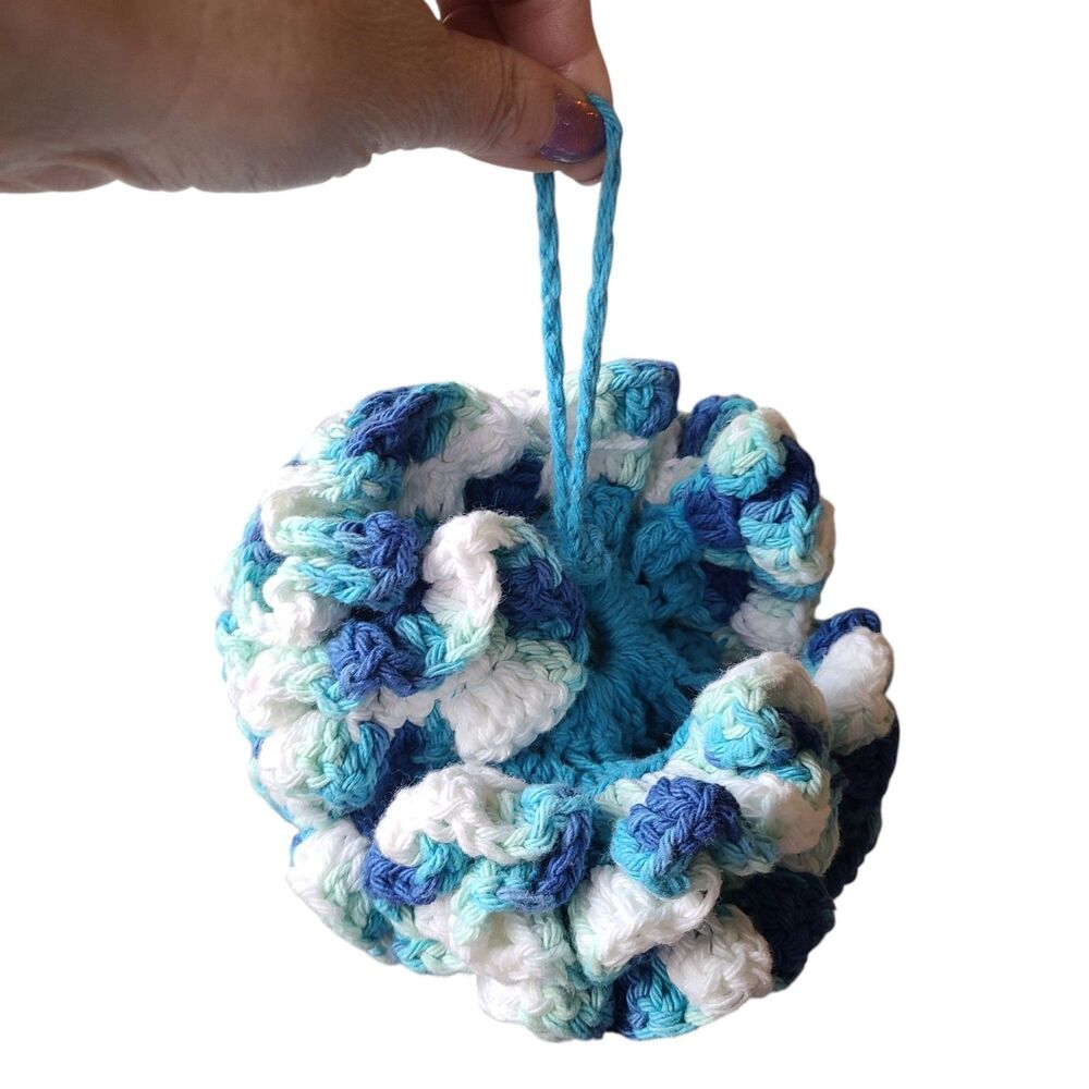 NEW Handmade Crochet Bath Pouf – Blue, White & Aqua Cotton Shower Loofah NWT